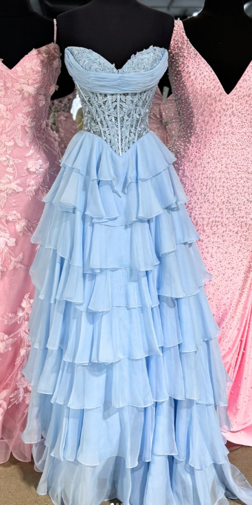 Strapless Chiffon Long Prom Dress with Corset Leaf Lace Bodice and Chiffon Ruffle Skirt