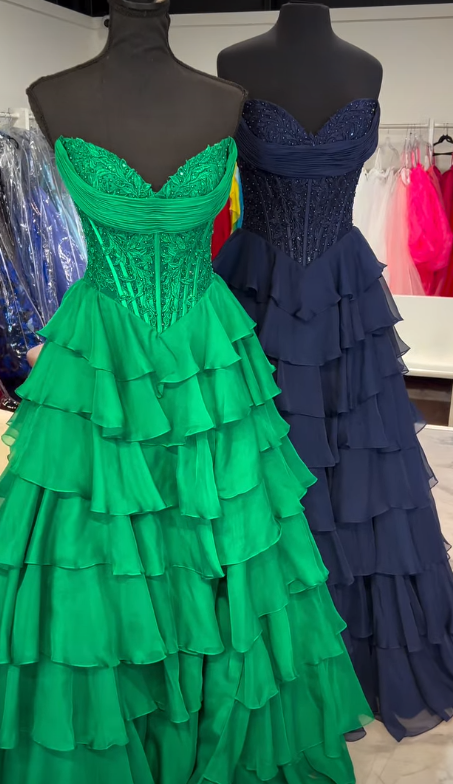 Strapless Chiffon Long Prom Dress with Corset Leaf Lace Bodice and Chiffon Ruffle Skirt