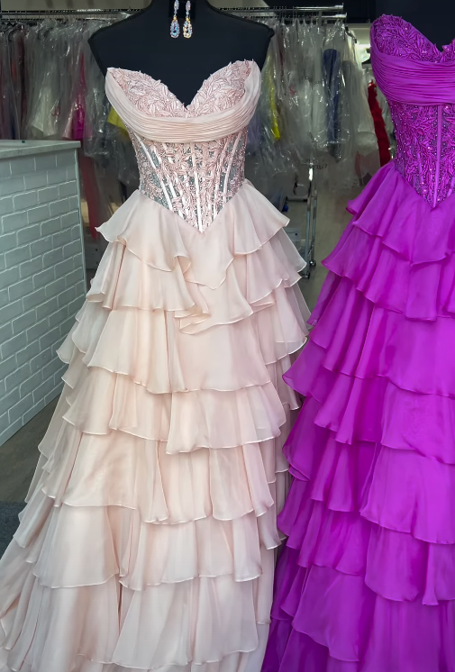 Strapless Chiffon Long Prom Dress with Corset Leaf Lace Bodice and Chiffon Ruffle Skirt