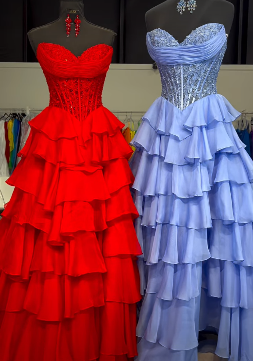 Strapless Chiffon Long Prom Dress with Corset Leaf Lace Bodice and Chiffon Ruffle Skirt