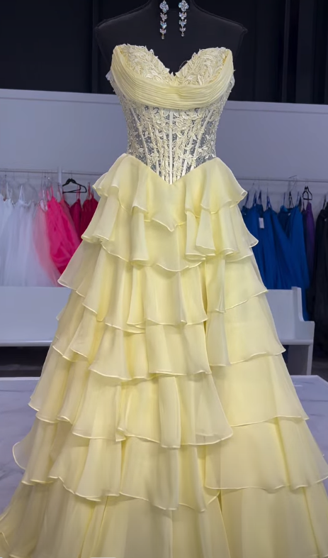 Strapless Chiffon Long Prom Dress with Corset Leaf Lace Bodice and Chiffon Ruffle Skirt