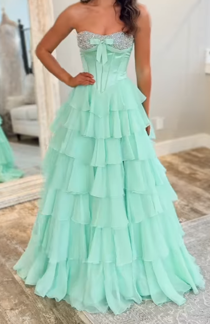 Strapless Long Prom Dress with Corset Bodice and Chiffon Ruffle Skirt   DressesTailor