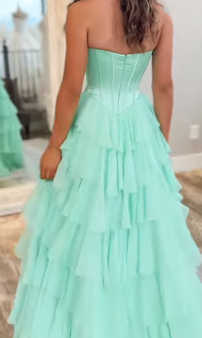 Strapless Long Prom Dress with Corset Bodice and Chiffon Ruffle Skirt