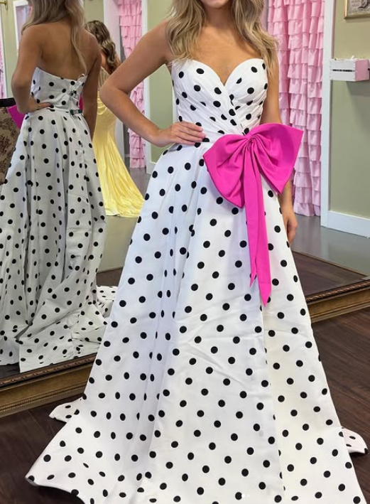 Strapless Polka Dot Long Prom Dress with Bow and Skirt Slit