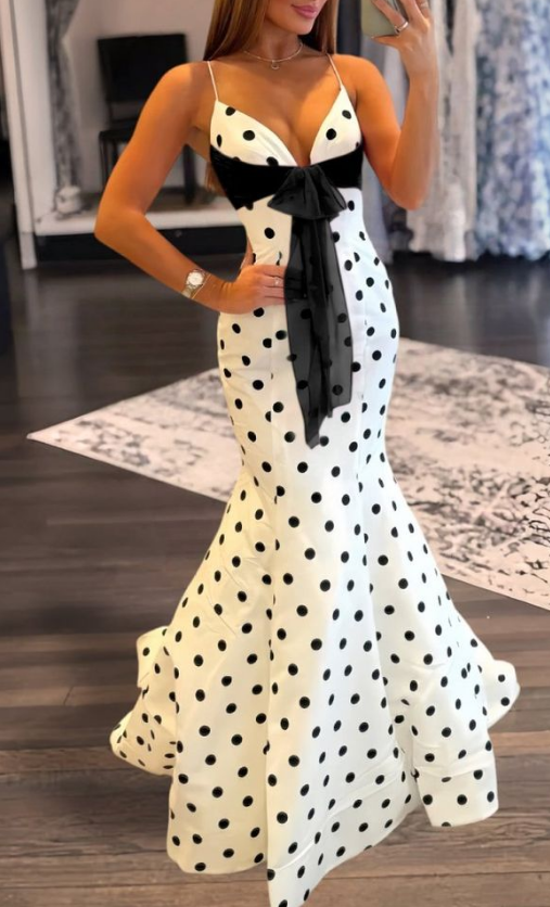 Polka Dot Mermaid Long Prom Dress with Bow