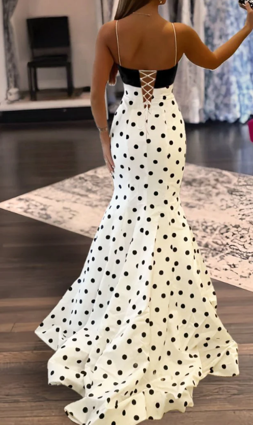 Polka Dot Mermaid Long Prom Dress with Bow