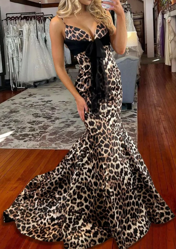 Mermaid Cheetah Print Long Prom Dress with Chiffon Bow
