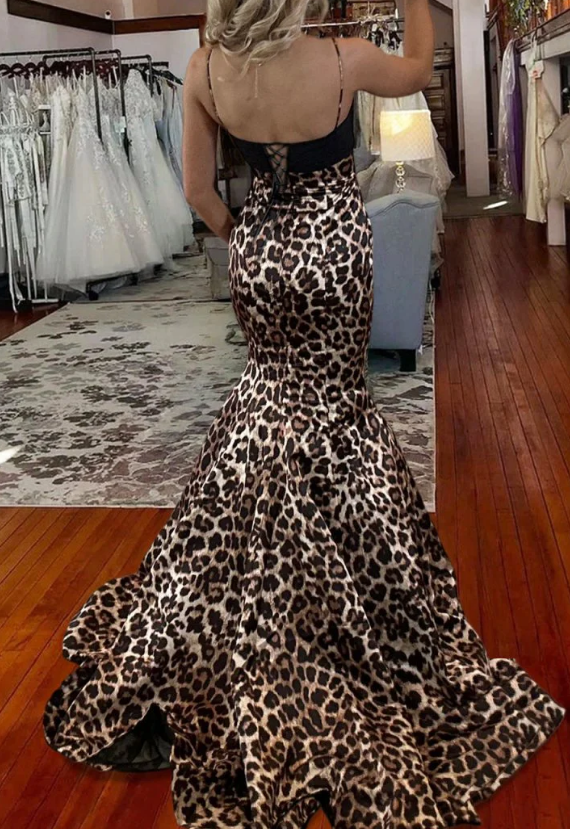 Mermaid Cheetah Print Long Prom Dress with Chiffon Bow