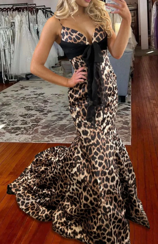 Mermaid Cheetah Print Long Prom Dress with Chiffon Bow