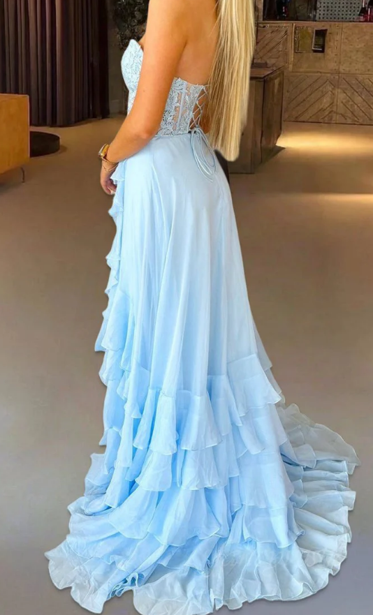 Strapless Long Prom Dress with Lace Bodice and Chiffon Ruffle Skirt