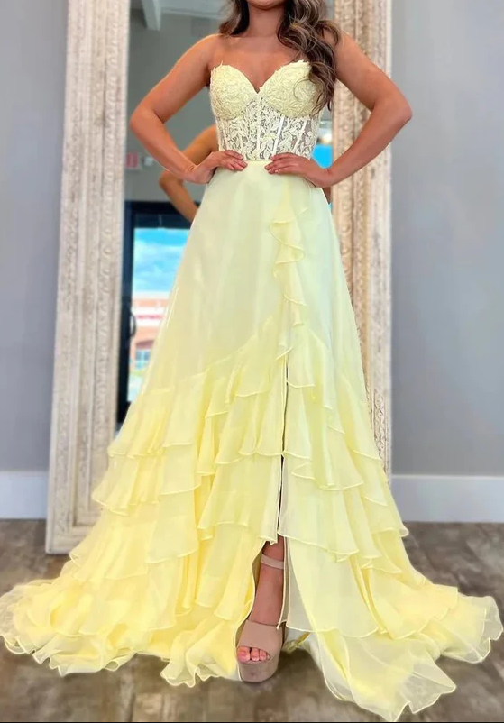Strapless Long Prom Dress with Lace Bodice and Chiffon Ruffle Skirt
