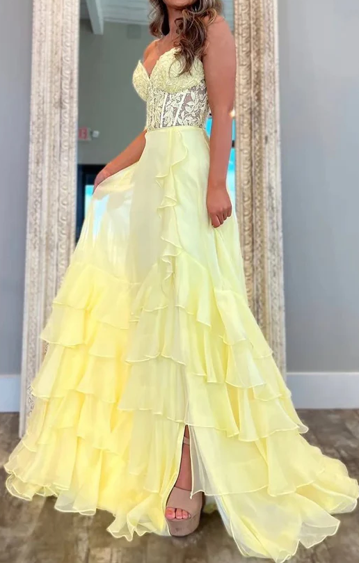 Strapless Long Prom Dress with Lace Bodice and Chiffon Ruffle Skirt