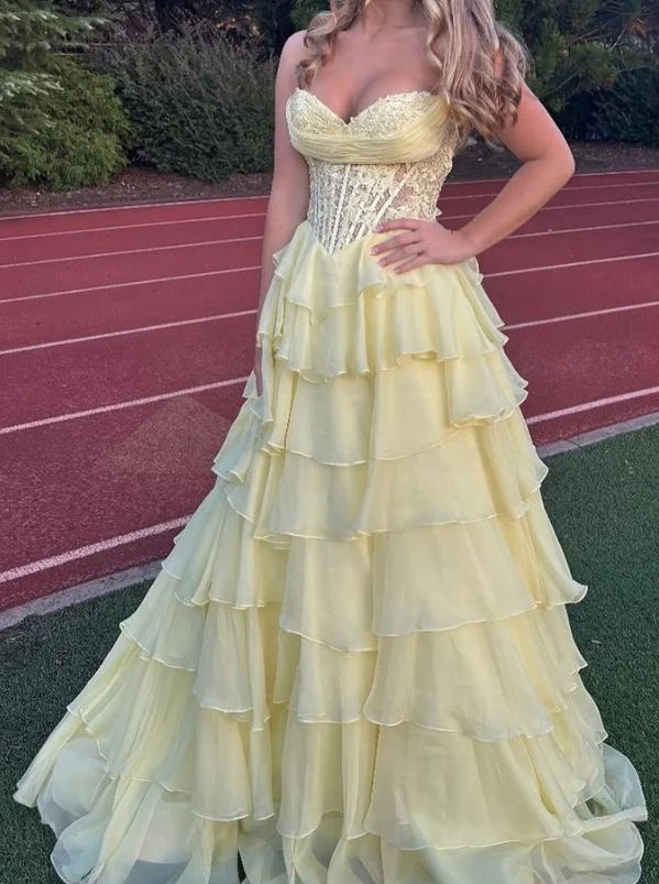 Strapless Long Prom Dress with Lace Bodice and Chiffon Ruffle Skirt