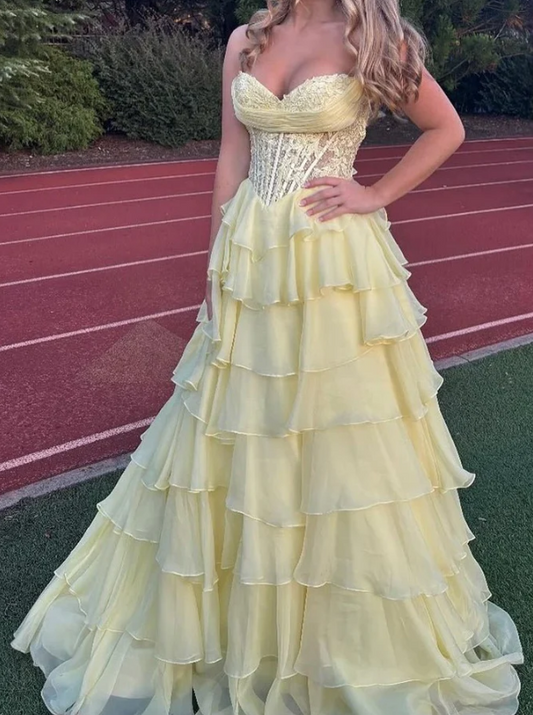 Strapless Long Prom Dress with Lace Bodice and Chiffon Ruffle Skirt