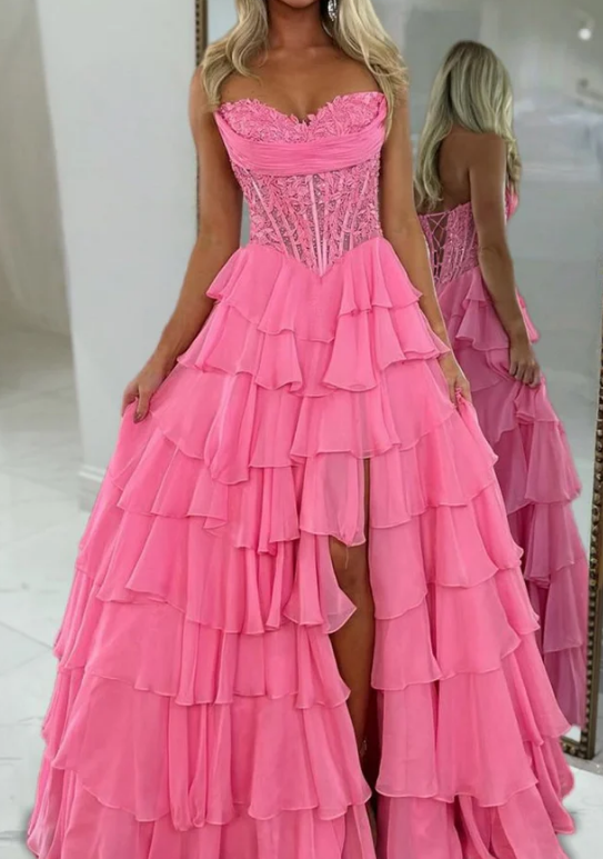 Strapless Long Prom Dress with Lace Bodice and Chiffon Ruffle Skirt