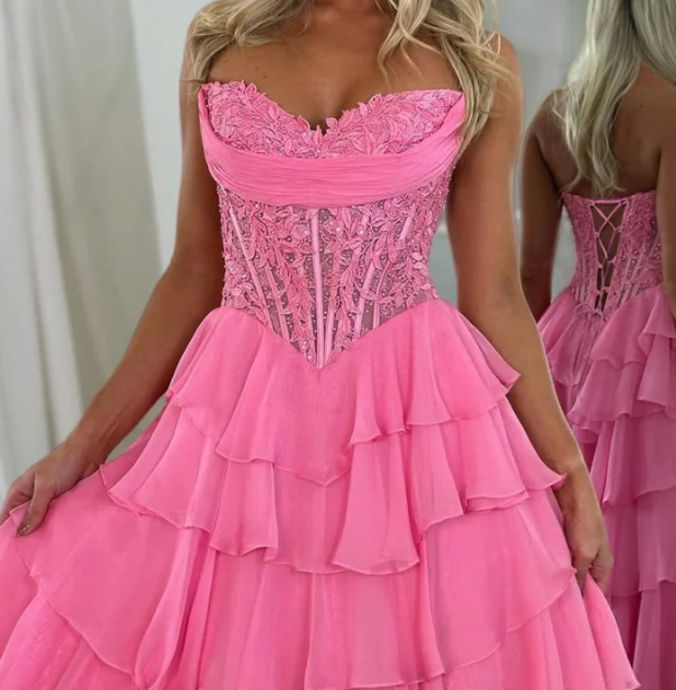 Strapless Long Prom Dress with Lace Bodice and Chiffon Ruffle Skirt