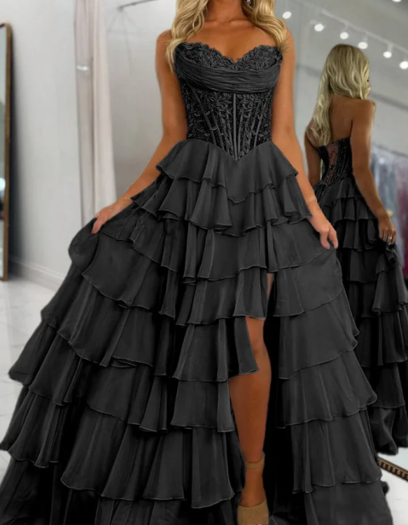 Strapless Long Prom Dress with Lace Bodice and Chiffon Ruffle Skirt