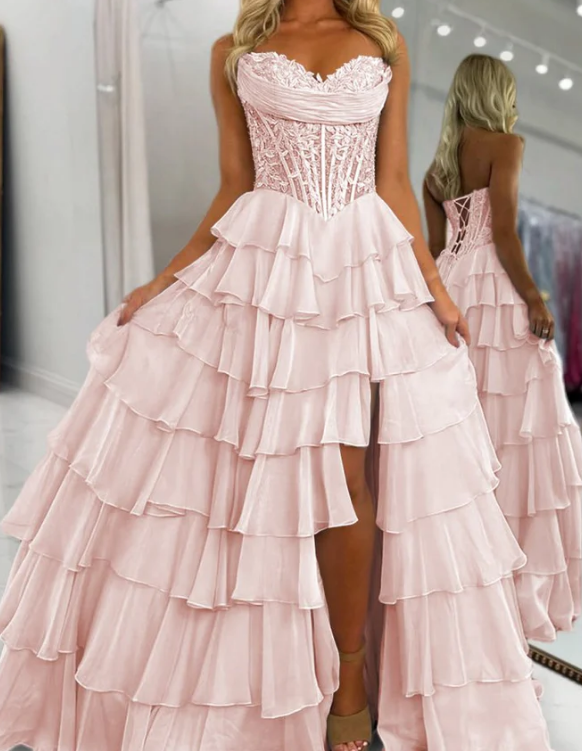 Strapless Long Prom Dress with Lace Bodice and Chiffon Ruffle Skirt