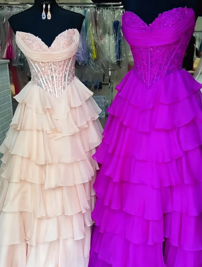 Strapless Long Prom Dress with Lace Bodice and Chiffon Ruffle Skirt