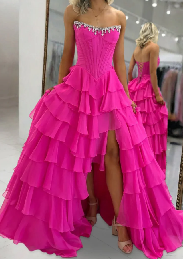 Strapless Long Prom Dress with Beading Neckline and Chiffon Ruffle Skirt