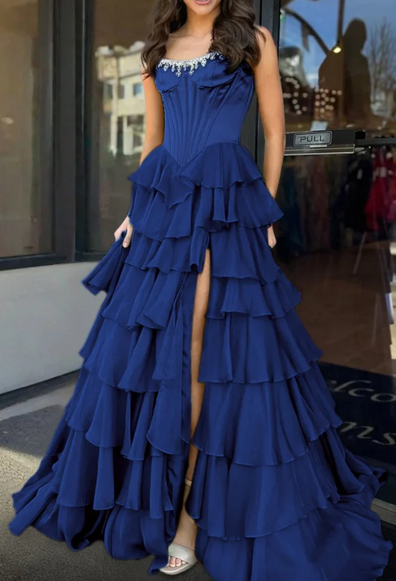 Strapless Long Prom Dress with Beading Neckline and Chiffon Ruffle Skirt