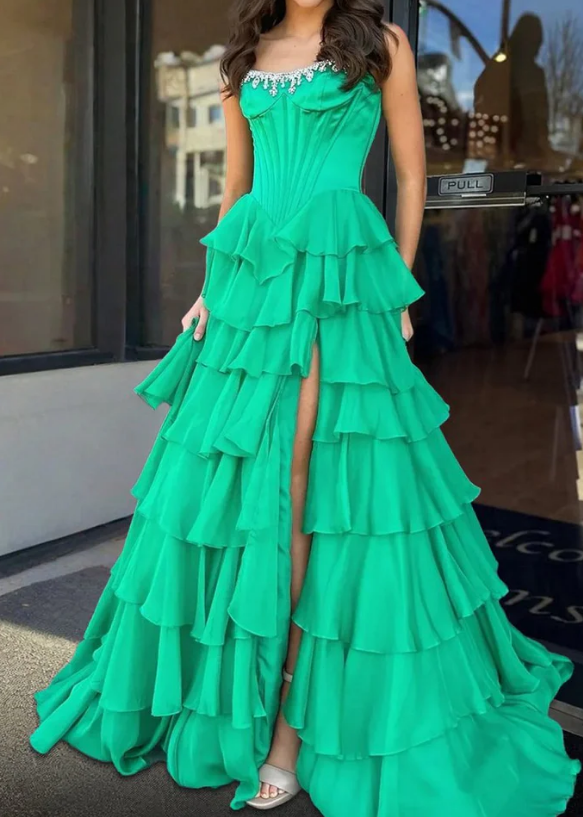Strapless Long Prom Dress with Beading Neckline and Chiffon Ruffle Skirt
