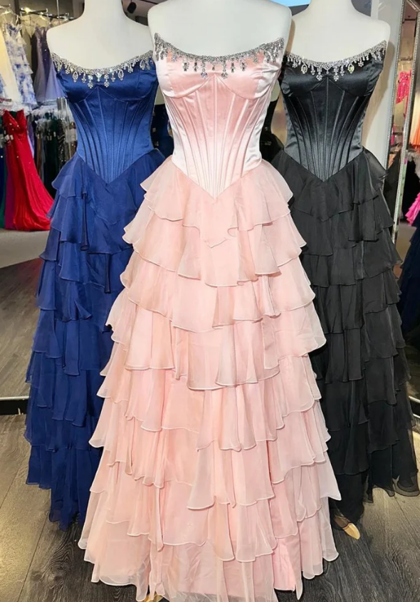 Strapless Long Prom Dress with Beading Neckline and Chiffon Ruffle Skirt