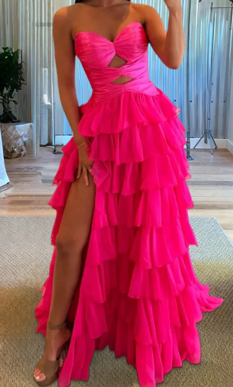 Strapless Long Prom Dress with Keyhole and Ruffle Skirt
