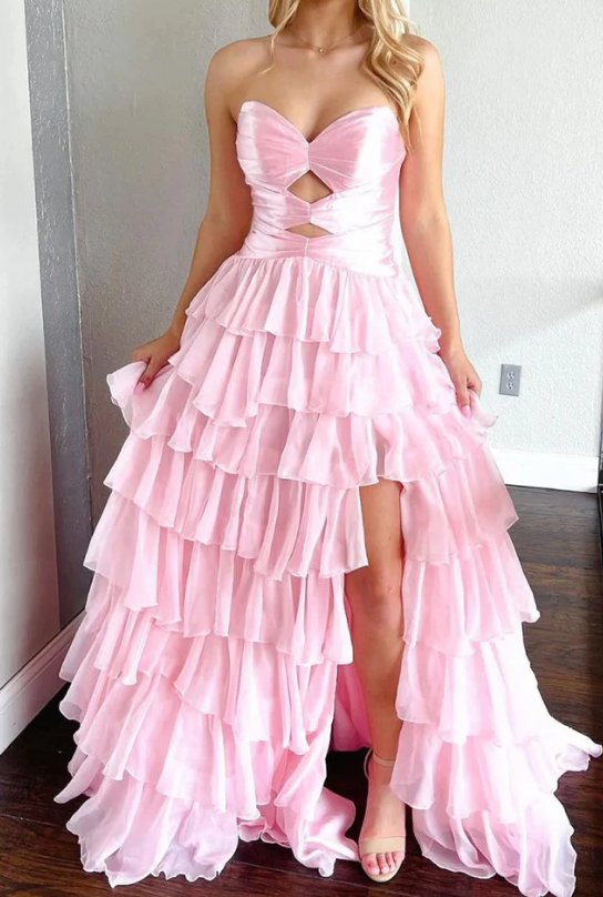 Strapless Long Prom Dress with Keyhole and Ruffle Skirt