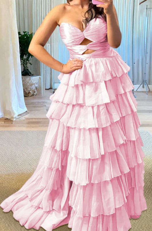 Strapless Long Prom Dress with Keyhole and Ruffle Skirt