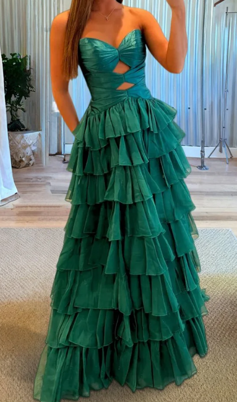 Strapless Long Prom Dress with Keyhole and Ruffle Skirt