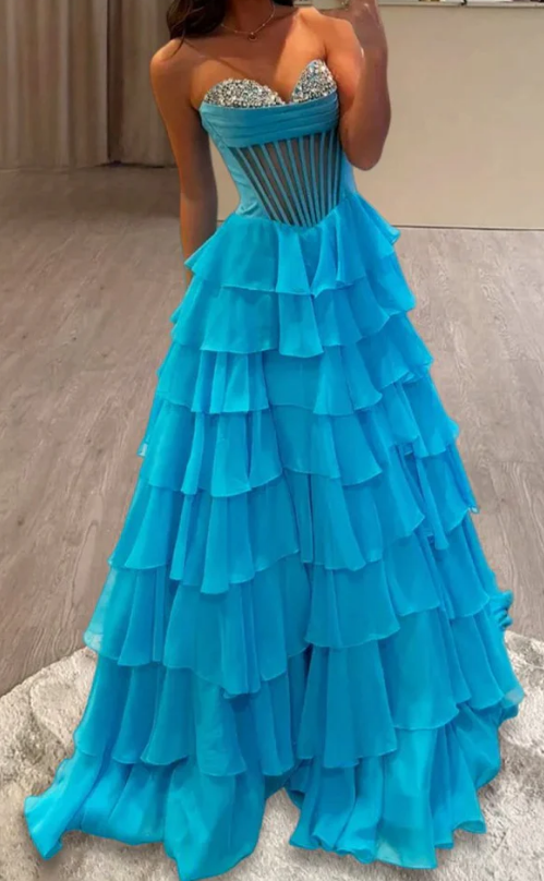 Strapless Long Prom Dress with Beading Neckline and Chiffon Ruffle Skirt
