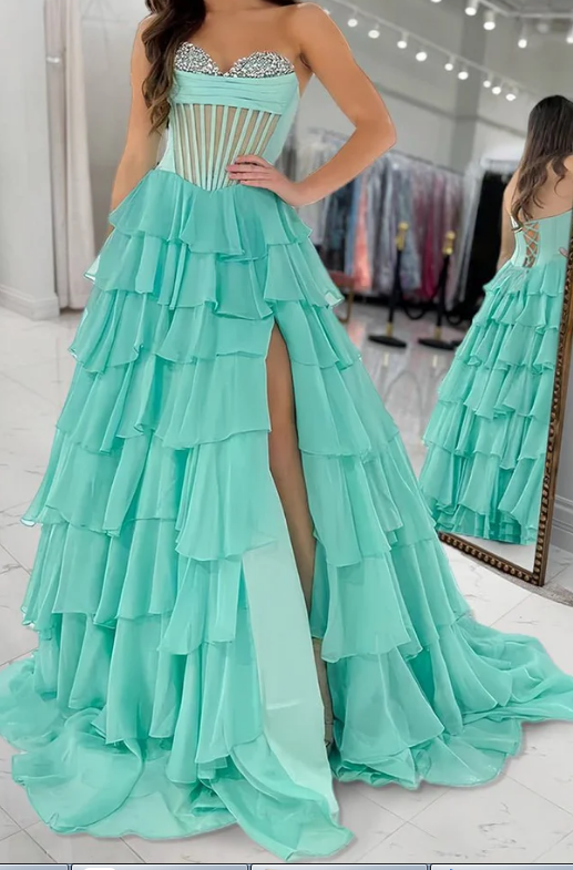 Strapless Long Prom Dress with Beading Neckline and Chiffon Ruffle Skirt