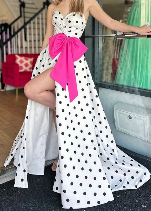 Strapless Polka Dot Long Prom Dress with Bow and Skirt Slit