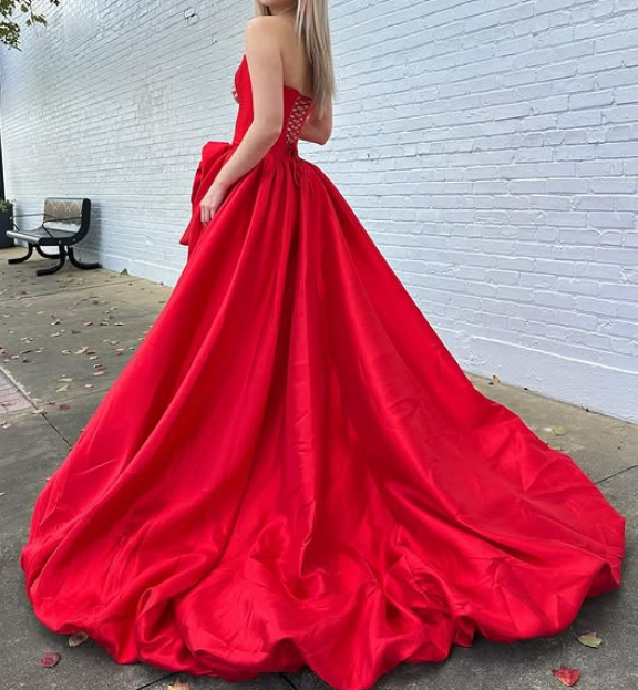 Red Strapless Long Prom Dress with Flower