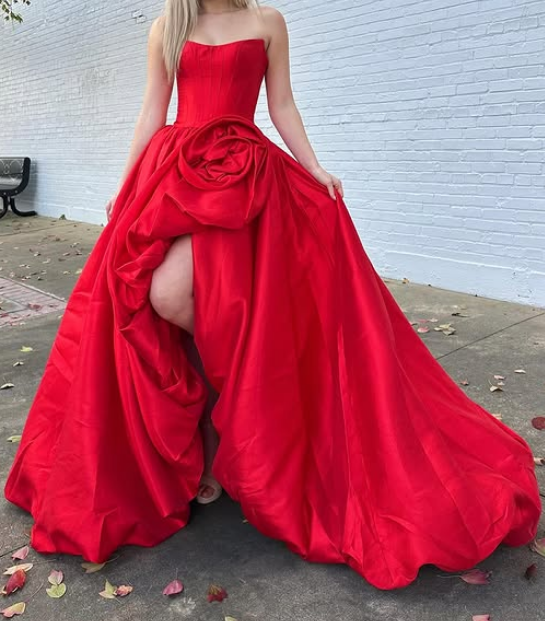 Red Strapless Long Prom Dress with Flower