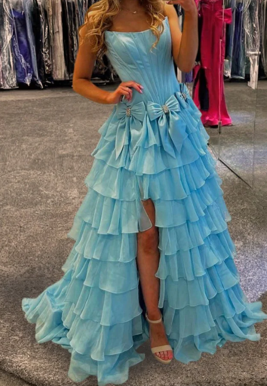 Strapless Long Prom Dress with Bow and Ruffle Skirt