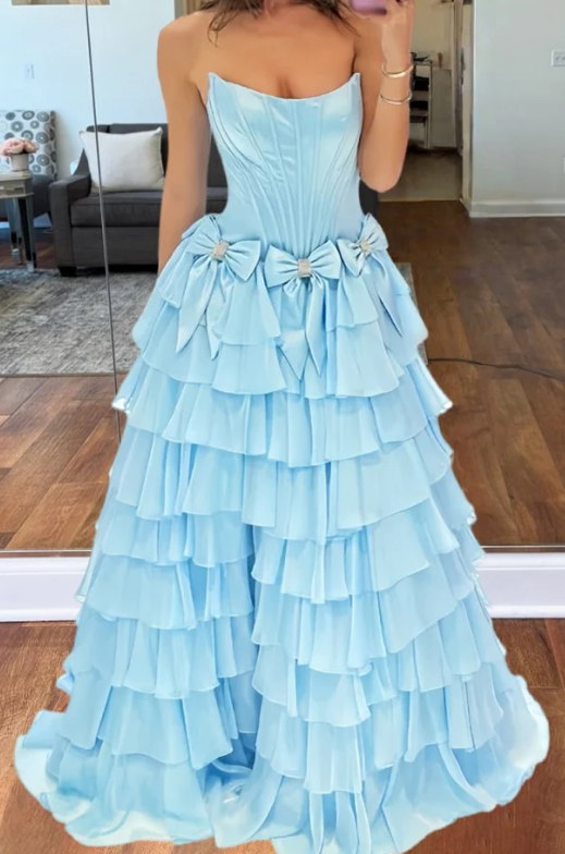 Strapless Long Prom Dress with Bow and Ruffle Skirt