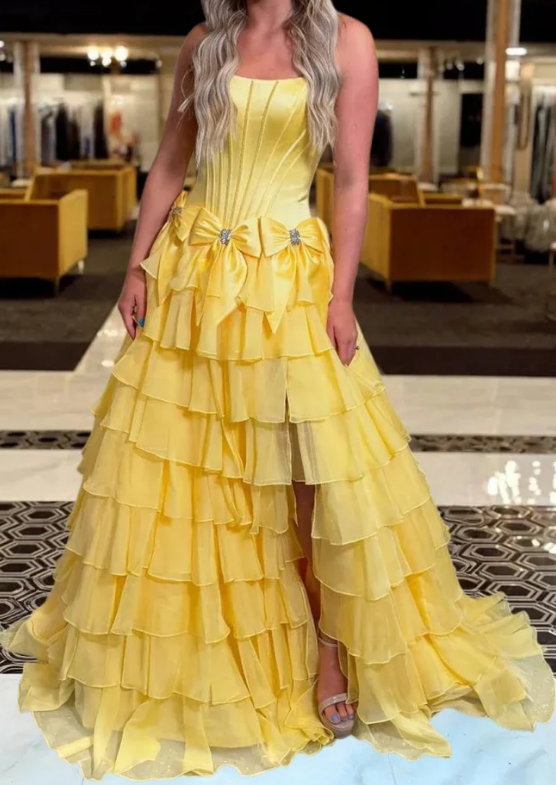 Strapless Long Prom Dress with Bow and Ruffle Skirt