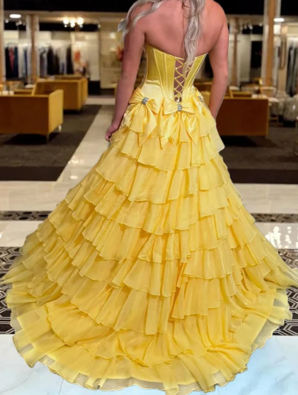 Strapless Long Prom Dress with Bow and Ruffle Skirt