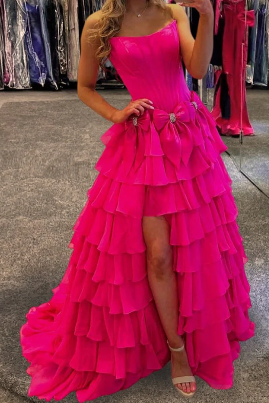 Strapless Long Prom Dress with Bow and Ruffle Skirt