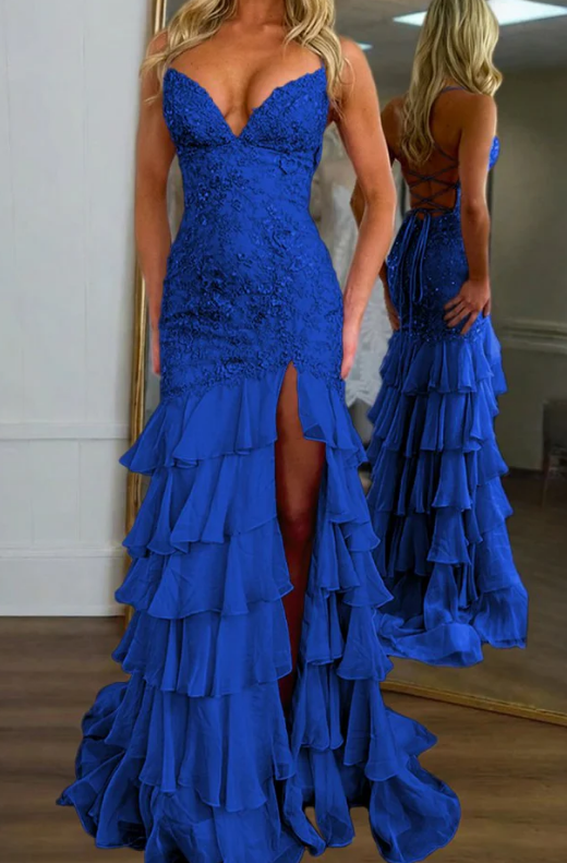 Spaghetti Straps Mermaid Long Prom Dress with Lace Top and Ruffle Skirt
