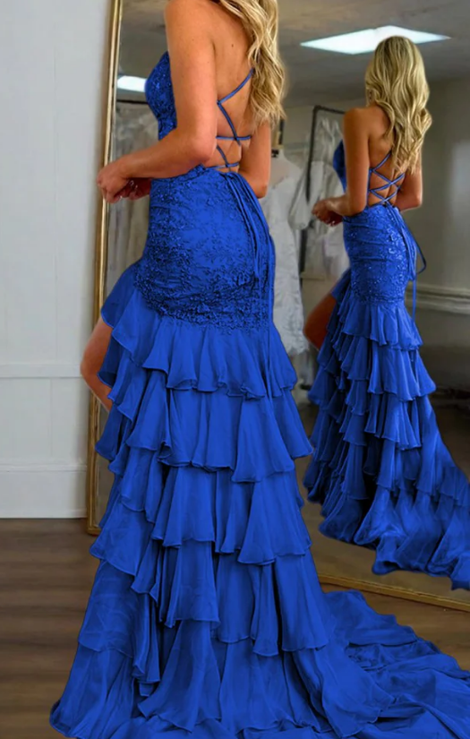 Spaghetti Straps Mermaid Long Prom Dress with Lace Top and Ruffle Skirt