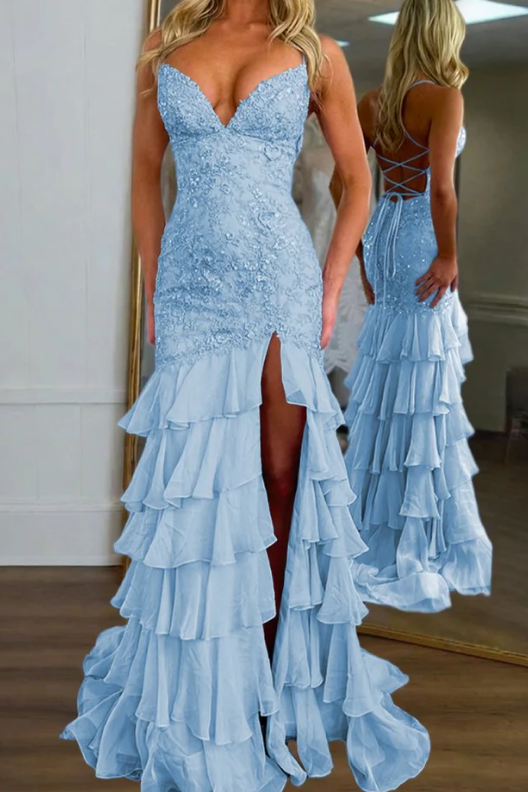 Spaghetti Straps Mermaid Long Prom Dress with Lace Top and Ruffle Skirt