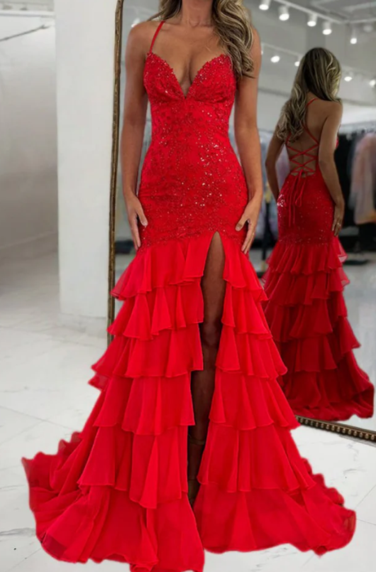 Spaghetti Straps Mermaid Long Prom Dress with Lace Top and Ruffle Skirt