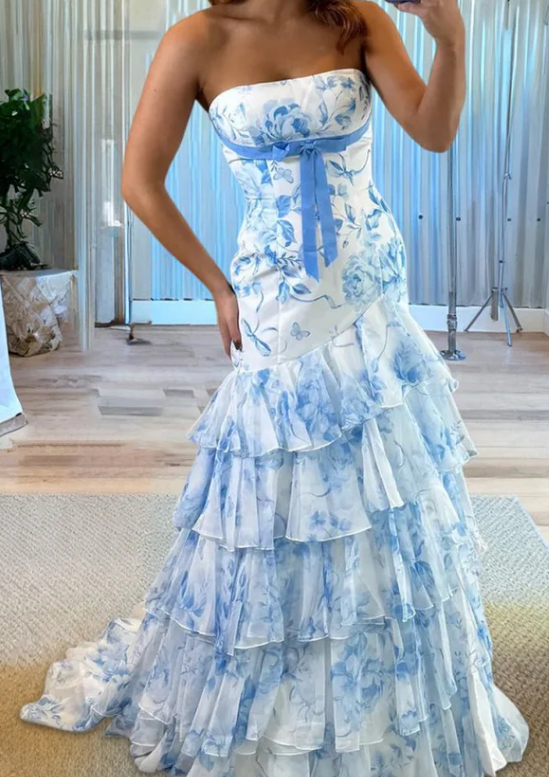 Strapless Mermaid Long Prom Dress with Bow and Ruffle Skirt