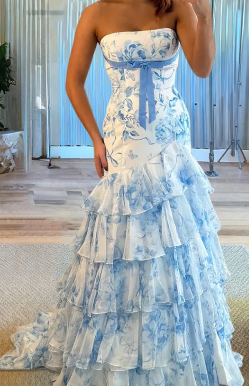 Strapless Mermaid Long Prom Dress with Bow and Ruffle Skirt