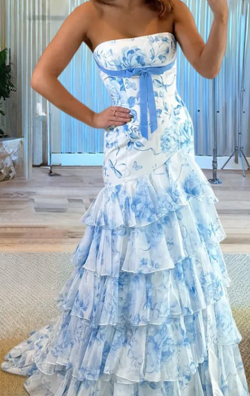 Strapless Mermaid Long Prom Dress with Bow and Ruffle Skirt