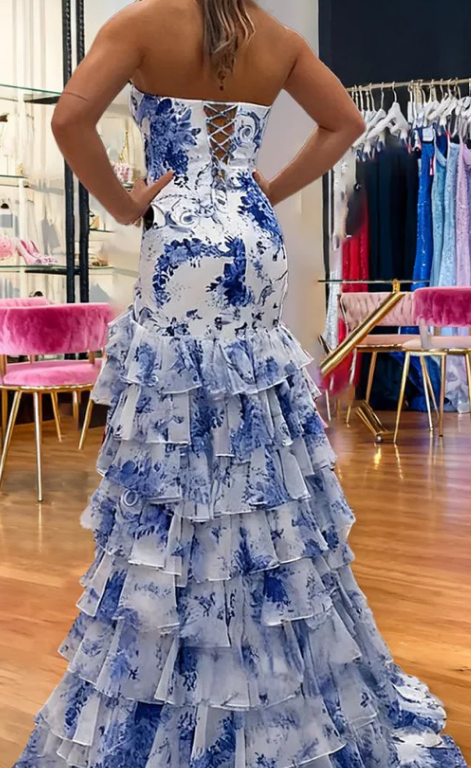 Strapless Mermaid Long Prom Dress with Bow and Ruffle Skirt