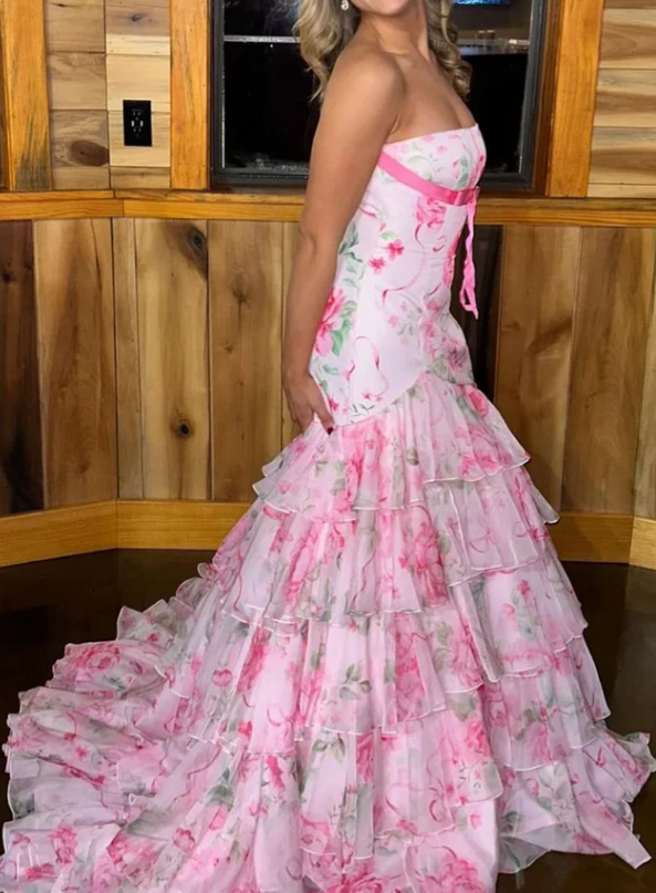 Strapless Mermaid Long Prom Dress with Bow and Ruffle Skirt